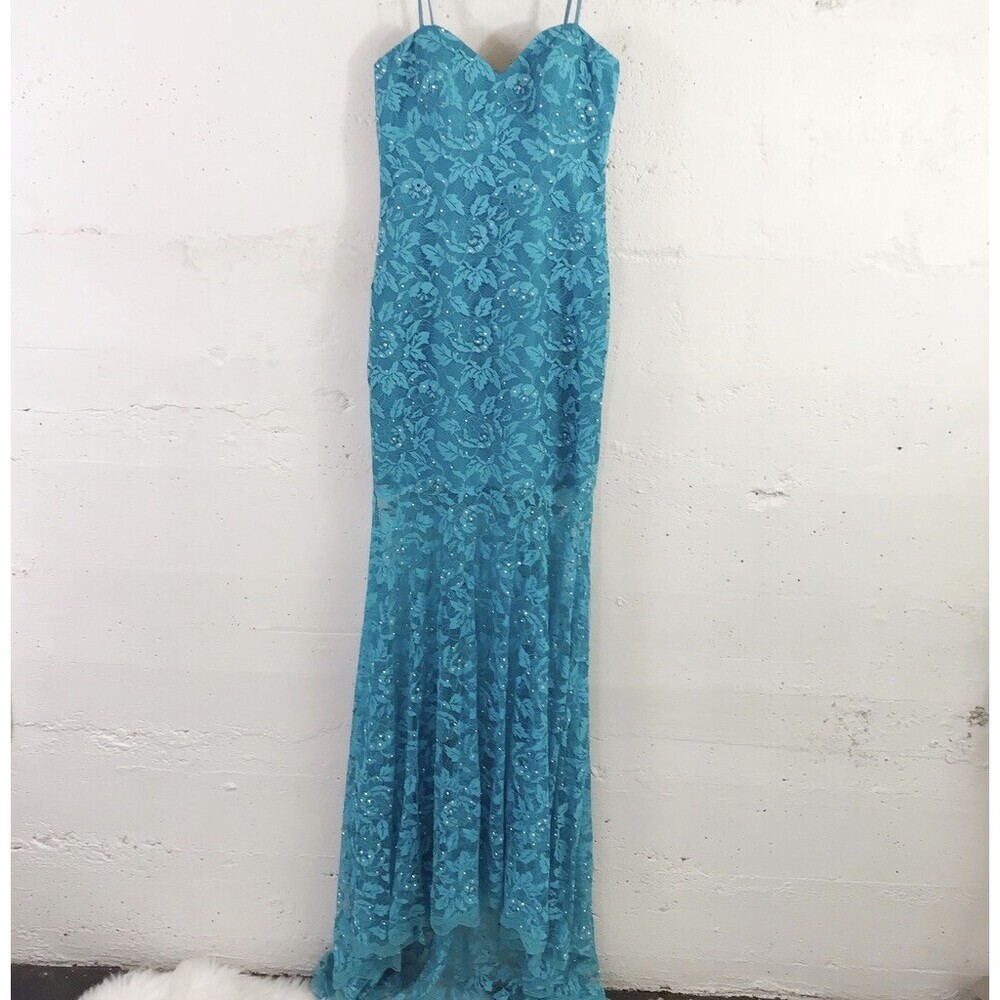 Flirt by Maggie Sotero Blue beaded Lace Overlay Sweetheart Prom Pageant Dress 6